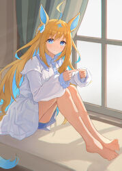 1girl absurdres ahoge animal_ears barefoot bed blue_eyes blush breasts casual curtains hair_between_eyes hair_ornament highres horse_ears horse_girl horse_tail looking_at_viewer neo_universe_(umamusume) sitting small_breasts tail umamusume window yuzpoi