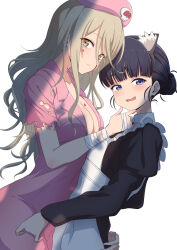 2girls absurdres alternate_costume animal_ear_fluff animal_ears apron asymmetrical_docking bags_under_eyes bandaged_arm bandages basori_tiara black_dress black_hair blonde_hair blood blood_on_breasts blood_on_face blue_eyes blunt_bangs breast_press breasts brown_eyes closed_mouth commentary dress embarrassed enmaided fake_animal_ears hair_between_eyes hair_bun hand_on_another&#039;s_ass hand_on_another&#039;s_chin hat highres long_hair long_sleeves looking_at_viewer maid maid_apron make_heroine_ga_oo_sugiru! medium_breasts mole mole_on_neck multiple_girls nishizuki_shino no_bra nurse nurse_cap open_mouth pink_dress pink_hat plunging_neckline puffy_long_sleeves puffy_sleeves shadow shikiya_yumeko short_dress short_sleeves simple_background torn_clothes wavy_hair white_apron white_background yuri