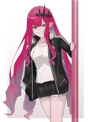 1girl absurdres baobhan_sith_(fate) black_jacket black_shorts breasts caat106 fate/grand_order fate_(series) grey_eyes hair_ornament headphones headphones_around_neck highres jacket long_hair looking_at_viewer pink_hair pointy_ears shirt shorts sidelocks smile solo white_shirt