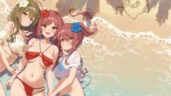 3girls absurdres ahoge alstroemeria_(idolmaster) asymmetrical_bikini beach bikini blue_bikini blue_flower blush breasts brown_eyes brown_hair cleavage_cutout closed_mouth clothing_cutout collarbone commentary_request cowboy_shot crab curly_hair dappled_sunlight earrings flower from_above green_hair hair_flower hair_ornament heart hibiscus highres idolmaster idolmaster_shiny_colors jewelry kuwayama_chiyuki large_breasts long_hair looking_at_viewer lying medium_breasts multicolored_flower multiple_girls navel off-shoulder_bikini off_shoulder on_back on_side open_mouth osaki_amana osaki_tenka outdoors palm_tree parted_lips partially_submerged ponytail red_bikini red_flower sand see-through_clothes see-through_shirt shade shirt short_hair short_sleeves side-tie_bikini_bottom stomach sunlight swimsuit swimsuit_under_clothes thigh_gap tied_shirt tree twintails underboob wanimaru water wavy_hair wet wet_clothes white_flower white_shirt yellow_eyes yellow_flower