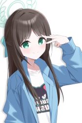 1girl absurdres airi_(band)_(blue_archive) airi_(blue_archive) band_shirt blue_archive blue_jacket brown_hair closed_mouth green_eyes green_halo halo highres jacket jei_(user_tckk7448) long_sleeves looking_at_viewer merchandise official_alternate_costume open_clothes open_jacket shirt sidelocks simple_background solo upper_body white_background white_shirt