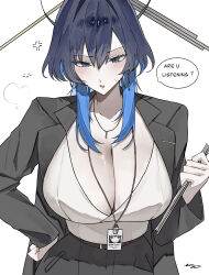 1girl absurdres alternate_costume blue_eyes blue_hair breasts chain cleavage collared_shirt colored_inner_hair earrings ewn hair_intakes halo highres holding hololive hololive_english jewelry large_breasts long_hair long_sleeves looking_at_viewer mechanical_halo multicolored_hair name_tag office_lady ouro_kronii pencil_skirt shirt simple_background skirt solo speech_bubble virtual_youtuber white_background white_shirt