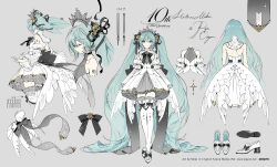 1girl aqua_eyes aqua_hair backless_dress backless_outfit black_bow bow closed_eyes commentary_request detached_sleeves dress flower full_body gold_flower grey_background hair_flower hair_ornament hatsune_miku long_hair looking_at_viewer miku_symphony_(vocaloid) multiple_views number_tattoo official_art piano_print reference_sheet rella shoes simple_background smile tattoo thighhighs twintails very_long_hair vocaloid white_dress white_shoes white_thighhighs