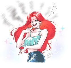 1girl blue_eyes breasts chelsea_van_der_zee evil_grin evil_smile grin highres long_hair looking_at_viewer medium_breasts naniik0re ojou-sama_pose red_hair ruby_gillman:_teenage_kraken smile solo