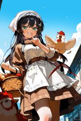 1girl absurdres apple apron basket belt bird black_choker black_hair blue_sky bread brown_belt brown_dress character_request chicken choker cloud collarbone copyright_request dress facial_scar finger_to_mouth food freckles fruit green_eyes hair_ornament hepari highres holding holding_basket loaf_of_bread long_hair outdoors pocket scar scar_on_cheek scar_on_face shushing sky twitter_username white_apron
