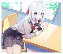 Rule 34 | 1girl, absurdres, ahoge, alisa mikhailovna kujou, black skirt, bloom muchi, blue eyes, bow, bowtie, cellphone, chair, commentary request, desk, grey hair, grey jacket, hair ribbon, highres, holding, holding phone, indoors, jacket, lapels, long hair, looking at viewer, notched lapels, on chair, phone, red bow, red bowtie, red ribbon, ribbon, school chair, school desk, school uniform, seiren academy school uniform, skirt, smartphone, solo, tokidoki bosotto roshia-go de dereru tonari no alya-san, window