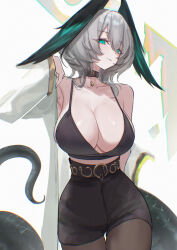 1girl absurdres arknights black_choker black_pantyhose black_shorts breasts c113oreo choker cleavage closed_mouth collarbone commentary_request cowboy_shot crop_top feather_hair green_eyes grey_hair high-waist_shorts highres ho&#039;olheyak_(arknights) huge_breasts large_breasts looking_at_viewer pantyhose short_hair shorts snake_tail solo speech_bubble tail textless_version white_background