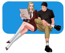 1boy 1girl black_footwear blonde_hair blue_background commentary_request dress full_body glasses hat highres holding holding_paper kaku_(one_piece) kalifa_(one_piece) kneehighs long_hair long_nose necktie one_piece paper popsweetyio red_dress red_lips red_necktie socks