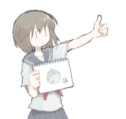 1girl arm_up black_sailor_collar black_skirt brown_hair commentary_request earth_(planet) female_focus holding moon naname_(fossama1) neckerchief notepad original planet pleated_skirt red_neckerchief sailor_collar shirt short_hair short_sleeves simple_background skirt solo spiral standing thumbs_up white_background white_shirt |_|