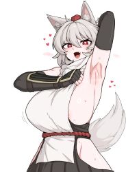1girl animal_ear_fluff animal_ears areola_slip armpits black_gloves black_skirt blush breasts elbow_gloves fang fingerless_gloves formicid gloves grey_hair hair_between_eyes hat heart heart-shaped_pupils highres huge_breasts inubashiri_momiji pleated_skirt red_eyes red_hat short_hair simple_background skirt sleeveless smile solo symbol-shaped_pupils tail tokin_hat touhou white_background wolf_ears wolf_tail