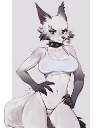 1girl animal_ears bra breasts cigarette collar furry furry_female green_eyes hands_on_own_hips highres kollerss large_breasts navel original piercing short_hair smoking spiked_collar spikes tail tank_top thong underwear wolf wolf_ears wolf_girl wolf_tail