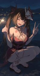 Rule 34 | 1girl, absurdres, bell, black choker, black hair, black sandals, black sash, breasts, choker, cleavage, closed eyes, collarbone, facing viewer, fireworks, flower tattoo, fox mask, highres, holding, holding fireworks, honkai: star rail, honkai (series), japanese clothes, jingle bell, kimono, long hair, mask, mask on head, medium breasts, muginosa, nail polish, neck bell, night, o-ring, obi, obiage, obijime, open mouth, outdoors, red kimono, red nails, sandals, sash, solo, sparkle (honkai: star rail), sparkler, squatting, tattoo, toenail polish, toenails, twintails, v