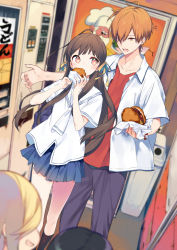 1boy 3girls black_hair blonde_hair brown_eyes brown_hair burger eating food fruits_basket hanajima_saki highres holding holding_food honda_tooru kiya_machi long_hair looking_at_another multiple_girls orange_eyes orange_hair short_hair sohma_kyou uotani_arisa vending_machine