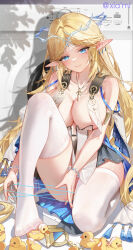 1girl absurdres adapted_costume aged_up armpit_crease artist_name black_skirt blonde_hair blue_eyes blush breast_curtains breasts cartethyia_(wuthering_waves) chinese_commentary closed_mouth collarbone commentary_request crown_of_thorns earrings full_body highres huade_xiami jewelry large_breasts long_hair looking_at_viewer necklace no_shoes pointy_ears revealing_clothes rubber_duck skirt smile solo sweat tacet_mark_(wuthering_waves) thighhighs thighs toes very_long_hair white_thighhighs wuthering_waves