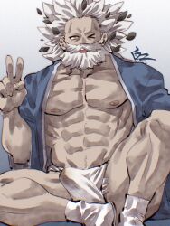 Rule 34 | &gt;:), 1boy, abs, alternate costume, bara, bare pectorals, beard, blue kimono, facial hair, fate/grand order, fate (series), feet out of frame, full beard, fundoshi, highres, japanese clothes, kimono, large pectorals, looking at viewer, male focus, mature male, muscular, muscular male, mustache, navel, nipples, no eyebrows, old, old man, pectorals, ptolemy (fate), ptolemy (third ascension) (fate), shirako (kirupi), short hair, solo, thick beard, thick mustache, v, v-shaped eyebrows, white hair, wrinkled skin, yellow eyes