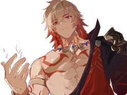 1boy a_ohkami abs blonde_hair braid chest_tattoo closed_mouth eyeliner facial_tattoo from_below gold_necklace gradient_hair hair_between_eyes hashtag-only_commentary honkai:_star_rail honkai_(series) jewelry looking_at_viewer makeup male_focus medium_hair multicolored_hair mydei_(honkai:_star_rail) necklace no_nipples pectorals red_eyeliner red_hair red_tattoo side_braid simple_background solo tattoo upper_body white_background yellow_eyes