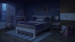 apartment bed bedroom chest_of_drawers closet curtains dark desk desk_lamp dim_lighting highres indoors lamp laundry_basket mirror night non-web_source official_art our_life:_beginnings_and_always photo_(object) photo_strip pillow plant potted_plant rug shell starfish table towel vanity_table variant_set wardrobe window_blinds window_light wooden_chair wooden_floor