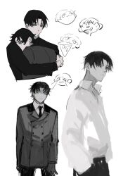 2boys arm_around_back black_hair black_jacket black_necktie collared_shirt doodle_inset green_eyes hand_in_pocket head_on_another&#039;s_shoulder highres hug jacket leaning_on_person looking_at_viewer male_focus multiple_boys multiple_views necktie original shirt short_hair white_background white_shirt wuruko