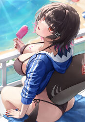 1girl animal_hood ass beach bikini black_bikini black_hair blue_jacket blurry blurry_background breasts ellen_joe fins fish_tail food food_on_body food_on_breasts holding holding_food holding_popsicle hood hooded_jacket jacket large_breasts looking_at_viewer melting_popsicle mole mole_under_eye mookyuu9 multicolored_hair ocean pink_hair popsicle railing red_eyes red_nails shark_girl shark_hood shark_tail sitting solo strap_gap swimsuit tail two-tone_hair water zenless_zone_zero