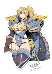 1girl adeptus_astartes animal_skull armor axe blonde_hair blue_eyes boobplate braid breastplate breasts cape chain chain_necklace cleavage_cutout closed_mouth clothing_cutout commentary cup english_commentary fang fang_out full_armor full_body fur_cape fur_trim gauntlets genderswap genderswap_(mtf) hair_pulled_back highres hip_vent holding jewelry large_breasts leman_russ long_hair looking_at_viewer mjalnar navel navel_cutout necklace pauldrons pelt pendant ponytail power_armor primarch ryuusei_(mark_ii) scar scar_across_eye scar_on_face shoulder_armor side_braids solo space_wolves spiked_armor sword tankard thighhighs warhammer_40k weapon white_background wide_hips