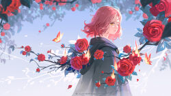 1girl artist_name black_cloak blurry blurry_background bug butterfly cloak closed_mouth commission day elden_ring expressionless falling_petals fire flower from_side hood hood_down huhv. insect leaf light lips looking_at_viewer medium_hair melina_(elden_ring) one_eye_closed petals pink_hair pixiv_commission red_butterfly red_flower red_petals red_rose rose solo upper_body yellow_eyes