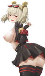 1girl absurdres black_jacket black_skirt black_thighhighs blonde_hair breasts burnice_white commentary eyewear_on_head from_side hair_ornament highres jacket large_breasts looking_at_viewer nipples red_eyes short_hair simple_background skirt solo sunglasses tei_kaku thighhighs thighs twintails white_background zenless_zone_zero