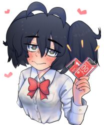 1girl ahoge antenna_hair bags_under_eyes black_hair blush condom condom_box eyebrows_hidden_by_hair freckles green_eyes hair_between_eyes heart heart-shaped_pupils iron-chan_(mushita_iron) jimiko long_hair looking_at_viewer mojyo mole mole_on_neck mushita_iron okamoto_condoms original school_uniform simple_background solo sweat symbol-shaped_pupils thick_eyebrows wavy_mouth white_background
