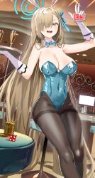 1girl animal_ears asuna_(blue_archive) asuna_(bunny)_(blue_archive) black_pantyhose blue_archive blue_bow blue_bowtie blue_eyes blue_halo blue_leotard blue_ribbon bow bowtie breasts card cleavage coin covered_navel cup detached_collar dice eyes_visible_through_hair fake_animal_ears feet_out_of_frame gloves hair_over_one_eye hair_ribbon halo highres holding holding_tray indoors large_breasts leotard light_brown_hair long_hair official_alternate_costume open_mouth pantyhose playboy_bunny rabbit_ears ribbon ryoma_(rym_369) smile solo strapless strapless_leotard tray white_gloves