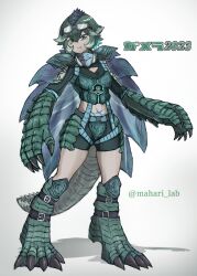 1girl 2023 absurdres blue_hair breasts clawed_hands claws cleavage cleavage_cutout clothing_cutout cosplay engi_(animation_studio) fang fanged_bangs gamera gamera_(cosplay) gamera_(series) gamera_-rebirth- genderswap genderswap_(mtf) goggles goggles_on_head green_eyes green_hair grey_hair highres huge_hand humanization japanese_text kadokawa kaiju looking_at_viewer mahari_lab mask mask_around_neck midriff monster_girl multicolored_hair personification pubic_tattoo shadow short_hair shorts simple_background spikes tail tattoo turtle_girl turtle_shell turtle_tail tusks white_background