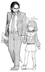 1boy 1girl absurdres arona_(blue_archive) blue_archive formal_clothes greyscale hair_over_one_eye hairband halo highres holding_hands john_wick john_wick_(character) long_hair mash_illust monochrome necktie open_mouth pants sailor_collar shirt shoes short_hair simple_background skirt sneakers suit walking white_background