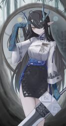 1girl absurdres ahoge ambience_synesthesia arknights arm_up black_hair black_skirt blue_hair blue_skin closed_mouth colored_skin covered_navel cowboy_shot dragon_girl dragon_horns dusk_(ambience_synesthesia)_(arknights) dusk_(arknights) earrings female_focus gradient_skin hair_over_one_eye hand_in_own_hair high-waist_skirt highres holding holding_sword holding_weapon horns jewelry long_hair long_sleeves looking_at_viewer mildt multicolored_hair official_alternate_costume orange_eyes pointy_ears skirt solo standing streaked_hair sword two-tone_hair very_long_hair weapon wide_sleeves