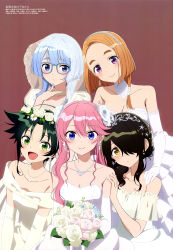 5girls :d absurdres armpit_crease black_hair blue-framed_eyewear blue_eyes blue_hair blunt_bangs blush bouquet breasts bridal_veil bride cleavage closed_mouth collar collarbone copyright_name copyright_notice dress earrings elbow_gloves fang flower glasses gloves green_eyes green_hair hair_over_one_eye hand_on_another&#039;s_shoulder head_tilt highres holding holding_bouquet jewelry large_breasts light_blush long_hair looking_at_viewer magazine_scan medium_breasts medium_hair megami_magazine multiple_girls necklace off-shoulder_dress off_shoulder official_art one_eye_covered open_mouth orange_hair parted_bangs parted_lips pearl_necklace pink_hair puffy_sleeves purple_eyes red_background scan shade shiunji-ke_no_kodomotachi shiunji_banri shiunji_kotono shiunji_minami shiunji_ouka shiunji_seiha short_hair siblings sidelocks simple_background single_sidelock sisters smile strapless strapless_dress swept_bangs tiara veil wavy_hair wedding_dress white_dress white_flower white_gloves wispy_bangs yamano_masaaki yellow_eyes