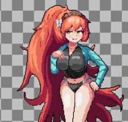 1girl alternate_costume arm_up baeloe black_panties blue_jacket breasts butterfly_hair_ornament checkered_background cleavage freckles green_eyes hair_ornament hand_on_own_hip headband ishmael_(project_moon) jacket limbus_company long_hair no_pants orange_hair panties pixel_art project_moon shirt solo sweatdrop swimsuit tight_clothes tight_shirt underwear very_long_hair