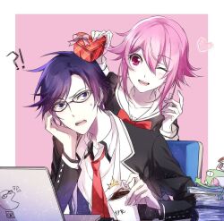 Rule 34 | !?, 1boy, 1girl, black jacket, black pants, blue hair, blush, bow, buttons, chaos;child, chest bow, collarbone, collared shirt, computer, cropped jacket, cup, double-breasted, dress shirt, dress vest, gero-froggy, gift, glasses, happy, hekiho academy school uniform, holding, holding cup, holding gift, jacket, lapels, laptop, light blush, long sleeves, looking back, loose necktie, miyashiro takuru, necktie, notched lapels, one eye closed, onoe serika, open clothes, open collar, open jacket, open mouth, pants, pink eyes, pink hair, purple eyes, purple hair, red bow, red necktie, sailor collar, school uniform, science adventure, shirt, short hair, short hair with long locks, sitting, smile, sprintertomoe, teeth, tongue, upper teeth only, valentine, white sailor collar, white shirt