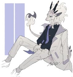 1boy animal_ear_piercing artist_name black_horns black_shirt blue_background blue_necktie braid coat collared_shirt colored_skin dragon_boy formal_clothes furry furry_male hands_on_lap highres horn_ornament horns male_focus monocle mudosa multiple_horns necktie original pants round_eyewear shirt shoes simple_background solo spikes tail tail_ornament two-tone_background white_background white_coat white_fur white_pants white_shoes white_skin