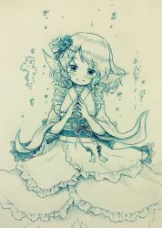 1girl air_bubble arinu blush bubble commentary female_focus fins flower frills greyscale hair_flower hair_ornament hairclip head_fins head_tilt highres japanese_clothes kimono long_sleeves monochrome obi sash short_hair smile solo steepled_fingers touhou traditional_media underwater wakasagihime wide_sleeves