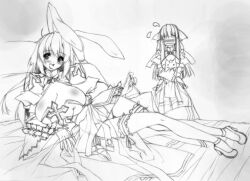 2girls animal_ears arch_bishop_(ragnarok_online) blush breasts cleavage cleavage_cutout clothing_cutout commentary_request covered_erect_nipples cross fake_animal_ears frilled_sleeves frilled_thighhighs frills full_body greyscale high_heels huge_breasts long_hair looking_at_viewer lowleg lowleg_panties lying monochrome multiple_girls nose_blush on_bed on_side open_mouth panties rabbit_ears ragnarok_online shoes side-tie_panties smile solo_focus thighhighs underwear untied_panties uzuki_sakura_(mmys534)