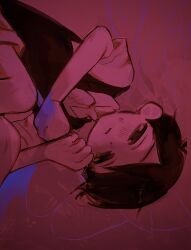 1boy antenna_hair black_eyes black_hair black_sweater_vest closed_mouth collared_shirt half-closed_eyes highres male_focus omori p0tatotat shirt short_hair short_sleeves shorts solo sunny_(omori) sweater_vest upside-down white_shirt
