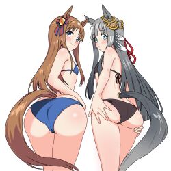 :o absurdres ass bikini black_bikini blue_bikini blue_eyes breasts brown_hair chrono_genesis_(racehorse) closed_mouth ear_ornament from_behind grass_wonder_(umamusume) grey_hair hands_on_own_ass highres horse_girl horse_tail huge_ass looking_at_viewer open_mouth purin_draw small_breasts smile swimsuit tail umamusume