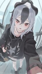 1girl absurdres bag black_choker black_hair black_hoodie black_horns black_shoes blue_archive blush choker commentary_request demon_horns fisheye furrowed_brow grey_hair hair_between_eyes highres holding holding_bag hood hoodie horns juwei_yaodai_mao kayoko_(blue_archive) long_sleeves looking_at_viewer multicolored_hair open_mouth red_eyes shoes sidelocks solo standing two-tone_hair