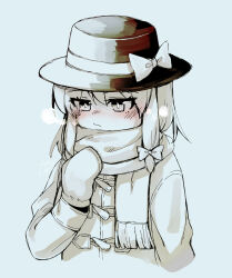 1girl absurdres alternate_costume blue_theme blush bow breath closed_mouth commentary_request fedora hair_bow hat hat_bow highres jacket kinese_(katasutorohu) long_hair long_sleeves mittens monochrome scarf solo spot_color touhou usami_renko winter_clothes