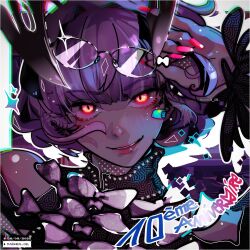 Rule 34 | 1girl, anniversary, bare shoulders, black dress, blush, bow, close-up, colored skin, dark-skinned female, dark skin, demon girl, demon horns, dress, evil eyes, evil smile, eyewear on head, fate/grand order, fate (series), fingernails, french text, glasses, glowing, glowing eyes, grey hair, grey skin, hand up, highres, holding, holding removed eyewear, hood, hooded coat, horns, jacques de molay (fgo fes. 2025) (fate), jacques de molay (foreigner) (fate), long fingernails, looking at viewer, maewenmitzuki, milestone celebration, open mouth, red nails, short hair, slit pupils, smile, solo, unworn eyewear, upper body, white bow