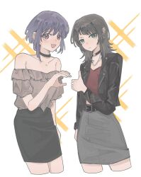 2girls :3 bang_dream! bang_dream!_it&#039;s_mygo!!!!! belt belt_buckle black_belt black_choker black_hair black_jacket black_skirt blush buckle chara_tomato52 chinese_commentary choker collarbone commentary_request ear_piercing frilled_shirt frills green_eyes grey_shirt grey_skirt heart_hands_failure highres jacket medium_hair multiple_girls off-shoulder_shirt off_shoulder open_clothes open_jacket piercing purple_eyes purple_hair red_eyes red_shirt shirt short_hair short_sleeves simple_background skirt sparkle white_background yahata_umiri yuutenji_nyamu