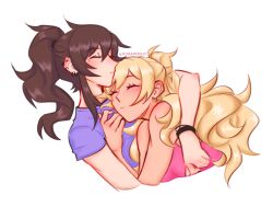 2girls aurora_(aurawra21) blonde_hair bracelet brown_hair class_of_09 closed_eyes cuddling earrings hair_bun jecka_(class_of_09) jewelry long_hair multiple_girls nicole_(class_of_09) pink_shirt ponytail purple_shirt shirt short_sleeves simple_background single_hair_bun twitter_username white_background yuri