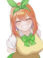 1girl absurdres arms_behind_back blush bow bowtie breasts closed_eyes collarbone collared_shirt commentary go-toubun_no_hanayome green_bow green_bowtie green_ribbon grin hair_ribbon highres large_breasts medium_hair nakano_yotsuba orange_hair ribbon sakiri school_uniform shirt short_sleeves simple_background smile solo summer_uniform sweater_vest upper_body white_background white_shirt yellow_sweater_vest