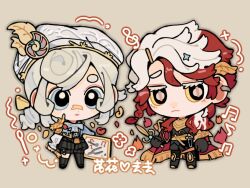 2boys :&lt; androgynous armor beret black_pants black_shorts blonde_hair blue_eyes braid bright_pupils cape chibi colored_eyelashes ear_piercing earrings edgar_valden edgar_valden_(golden_ratio) frederick_kreiburg frederick_kreiburg_(dragon_hunter) hat identity_v jewelry multiple_boys pants piercing ponytail puffy_shorts puffy_sleeves red_cape red_hair shirt shorts single_braid single_drill torres15817307 trap white_eyelashes white_hair white_pupils white_shirt yellow_eyes