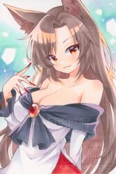 1girl animal_ears bare_shoulders breasts brooch brown_hair cleavage dress highres imaizumi_kagerou jewelry looking_at_viewer red_eyes red_nails smile solo touhou wolf_ears wolf_girl yuiki_(cube)