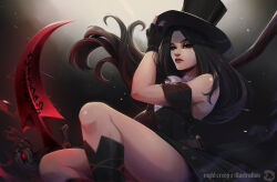 1other absurdres androgynous bare_shoulders black_gloves black_hair fingerless_gloves gloves guilty_gear guilty_gear_strive hat highres holding long_hair looking_at_viewer nightcreepx red_eyes scythe skull testament_(guilty_gear) top_hat
