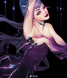1girl arm_up blood blood_on_hands breasts claw_(weapon) claws colored_skin demon_girl evelynn_(league_of_legends) highres league_of_legends looking_at_viewer medium_breasts mermaid monster_girl purple_skin smile solo weapon weibo_6804976750 white_hair yellow_eyes