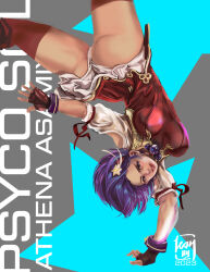 1girl acrobatics asamiya_athena ass bike_shorts bouncing_breasts breasts clothes_lift curvy dress female_focus gloves hairband hand_up huge_ass huge_breasts large_breasts lean_agbayani lean_dy leanagbayani legs_up looking_at_viewer pale_skin pants purple_eyes purple_hair short_hair skirt skirt_lift smile smiley_face star_(symbol) the_king_of_fighters thick_thighs thighs tight_clothes tight_pants wide_hips